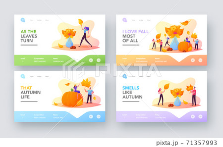 Fall Season Outdoor Activity Landing Page Template Set. Tiny Characters Collect Autumn Bouquet of Colorful Fallen Leaves 71357993