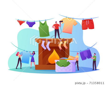 Tiny Characters Drying Wet Clothes. People Hang Huge Clean Wet Clothing on Rope and Fire Place Taking Linen from Basket Tiny Characters Drying Wet Clothes. People Hang Huge Clean Wet Clothing on Rope and Fire Place Taking Linen from Basket 71358011