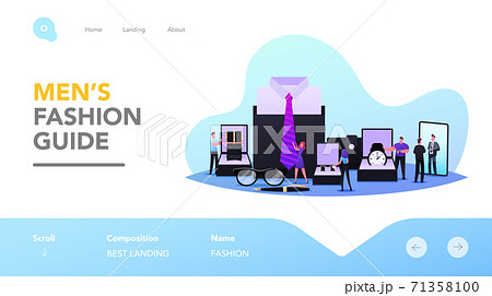 Menswear Landing Page Template. Tiny Male Characters Buying Accessories Concept. Men Choose Stylish Studs, Eyeglasses 71358100