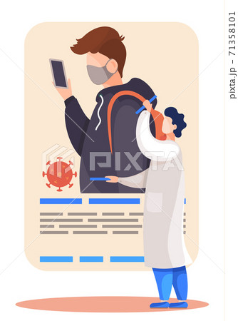 Doctor checks test tubes, stands near poster with patient with wearing mask. New protective norm 71358101