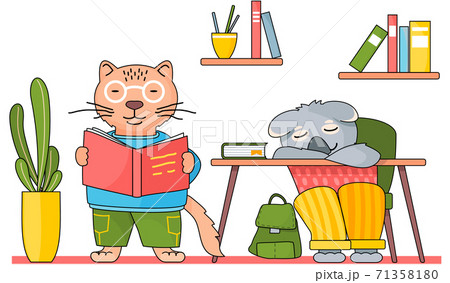 Smart active pupil or teacher cat reading a book. Koala schoolboy is sitting and sleeping at a desk Smart active pupil or teacher cat reading a book. Koala schoolboy is sitting and sleeping at a desk 71358180