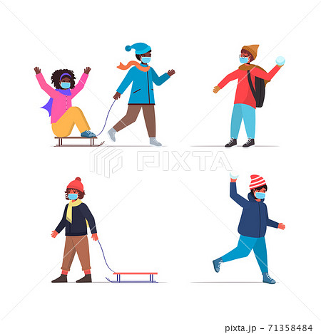 set mix race children having winter fun outdoors leisure and activities coronavirus quarantine concept 71358484