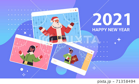 santa claus with elves in web browser windows happy new year merry christmas holidays celebration concept 71358494