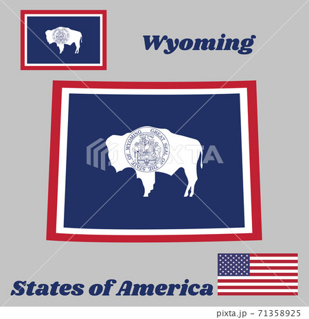 Map outline and flag of Wyoming. The seal on American bison on blue with white and red. Map outline and flag of Wyoming. The seal on American bison on blue with white and red. 71358925