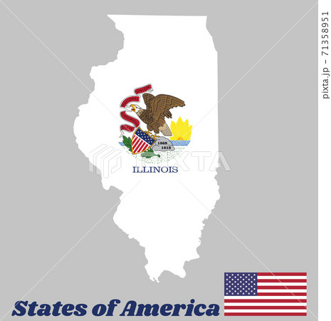 Map outline and flag of Illinois. Seal of Illinois on a white background, the states of America. Map outline and flag of Illinois. Seal of Illinois on a white background, the states of America. 71358951