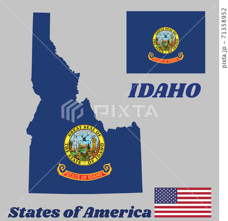 Map outline and flag of Idaho. State seal of Idaho on a field of blue, the states of America. 71358952