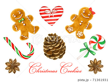 Vintage set of Christmas decorations watercolor illustration 71361931