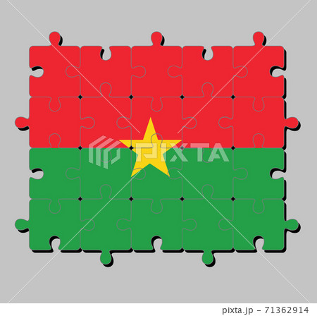 Jigsaw puzzle of Burkina Faso flag in red and green in yellow star. Concept of Fulfillment. Jigsaw puzzle of Burkina Faso flag in red and green in yellow star. Concept of Fulfillment. 71362914