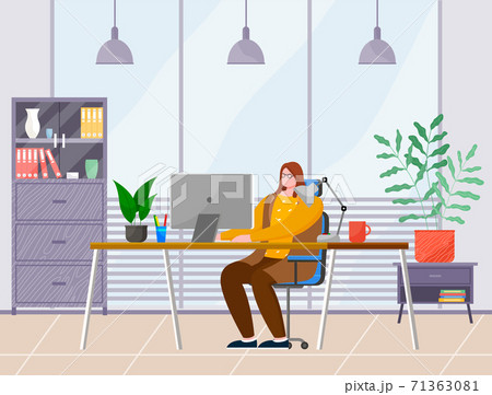 Business Woman At The Desk Is Working On The のイラスト素材