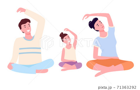 Mother, father and daughter doing yoga in lotus position in class. Family yoga vector illustration 71363292