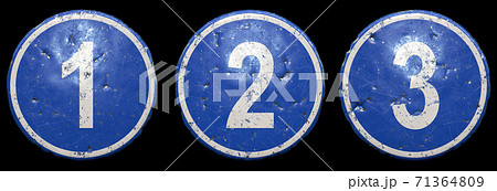 Set of public road sign in blue color with a capitol white numbers 1, 2, 3 in the center isolated black background. 3d 71364809