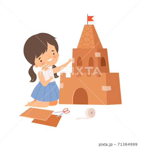 Little Girl Showing Handcrafted Cardboard Castle Vector Illustration Little Girl Showing Handcrafted Cardboard Castle Vector Illustration 71364999