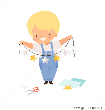 Smiling Boy Holding Made from Paper Star Garland Vector Illustration Smiling Boy Holding Made from Paper Star Garland Vector Illustration 71365001