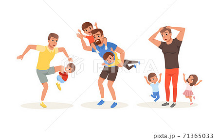 Exhausted Dad and Hyperactive Child Claiming Attention Vector Illustration Set Exhausted Dad and Hyperactive Child Claiming Attention Vector Illustration Set 71365033