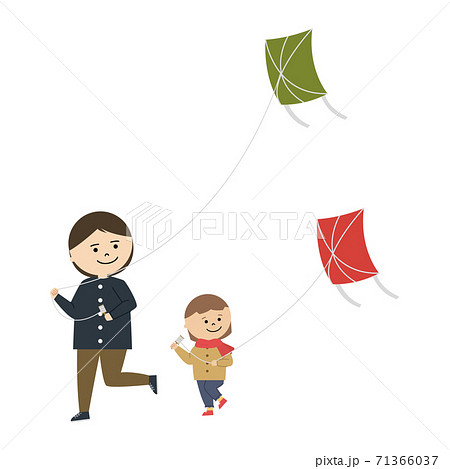 凧揚げをする女性と女の子のイラストのイラスト素材