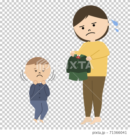 制服を嫌がる男の子と困る母親のイラストのイラスト素材 制服を嫌がる男の子と困る母親のイラストのイラスト素材