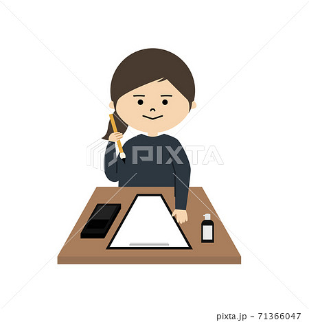 習字をする女の子のイラストのイラスト素材