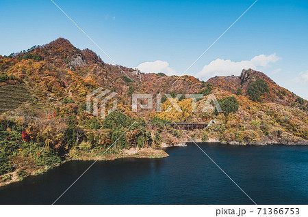 八ッ場あがつま湖と左岸の紅葉した山々 不動大橋からの見晴らし　2020.11　b-2 フィルム調 71366753