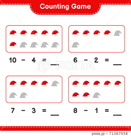 Counting game, count the number of Santa Hats and write the result. Educational children game, printable worksheet, vector illustration Counting game, count the number of Santa Hats and write the result. Educational children game, printable worksheet, vector illustration 71367058