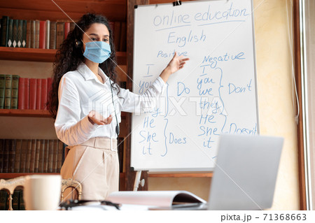 Tutor in face mask having video conference chat with students 71368663