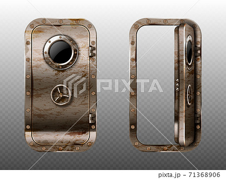 Old metal doors with porthole, rusty doorways. Old metal doors with porthole, rusty doorways. 71368906