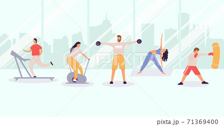 People exercising at gym, men and women exercising in city view, training and sport activity vector flat illustration 71369400