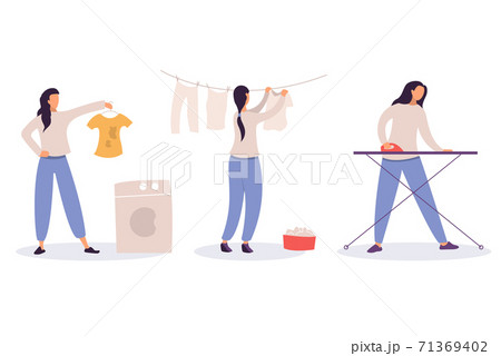 Woman at housework - laundry, drying and ironing of linen, girl washing dirty clothes, housekeeping and cleaning concept 71369402
