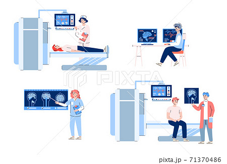 Doctors research at results of patients brain mri scan a vector illustrations Doctors research at results of patients brain mri scan a vector illustrations 71370486