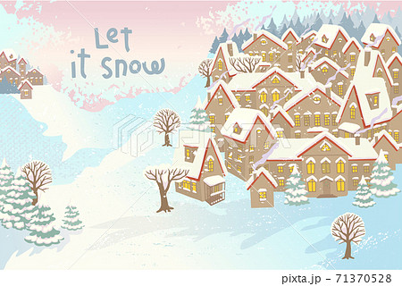 Winter landscape with snow village. Wooden houses. Vector illustration Winter landscape with snow village. Wooden houses. Vector illustration 71370528