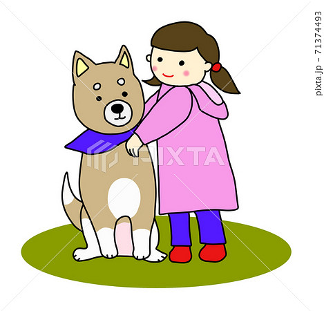 日本犬と幼い女の子のイラスト素材
