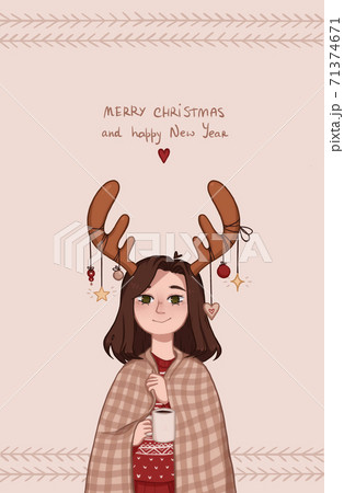 Happy young girl wearing decorated reindeer Horns and cozy plaid with mug of hot cacao. 71374671