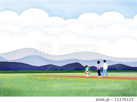 のどかな風景を散歩する家族のイラスト素材