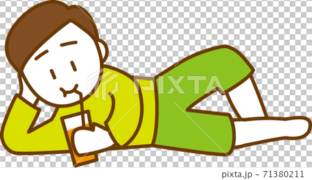 寝転んでジュースを飲んでいる男性のイメージイラストのイラスト素材