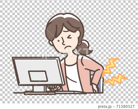パソコンで腰痛を感じる女性のイラスト素材 パソコンで腰痛を感じる女性のイラスト素材