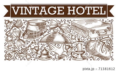 Vintage hotel symbolic icons monochrome sketch 71381612