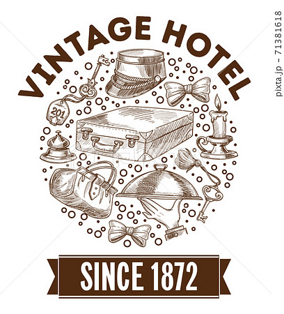 Vintage hotel since 1872 monochrome sketch outline Vintage hotel since 1872 monochrome sketch outline 71381618