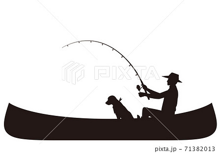 カヌーで釣りをする男性と犬 シルエットのイラスト素材