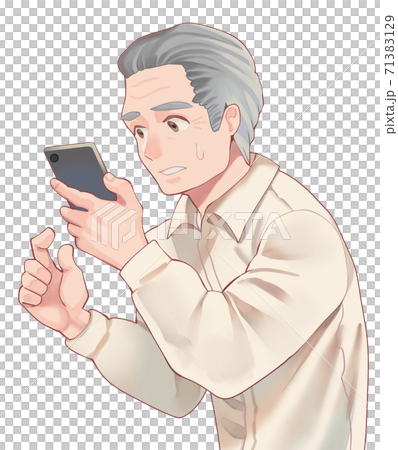 Illustration of a senior who is worried about looking at the screen of a smartphone 71383129