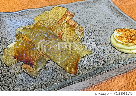 「エイヒレの炙り焼きと七味マヨネーズ添え」色鉛筆画風 71384179