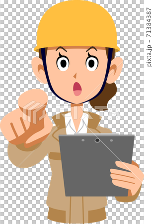 指差し確認するヘルメットを装着したベージュ色の作業着の女性のイラスト素材