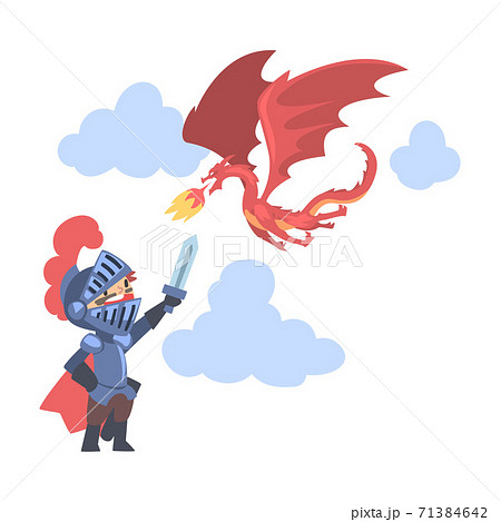 Knight Boy Character in Armour Fighting with Red Dragon with Sword Cartoon Style Vector Illustration Knight Boy Character in Armour Fighting with Red Dragon with Sword Cartoon Style Vector Illustration 71384642