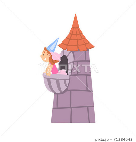 Cute Girl Princess Sitting in Castle Tower Cartoon Style Vector Illustration Cute Girl Princess Sitting in Castle Tower Cartoon Style Vector Illustration 71384643