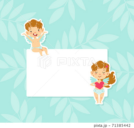 Cute Little Baby Angels with Blank Banner, Adorable Boy and Girl Cherubs in Heaven Cartoon Vector Illustration. 71385442