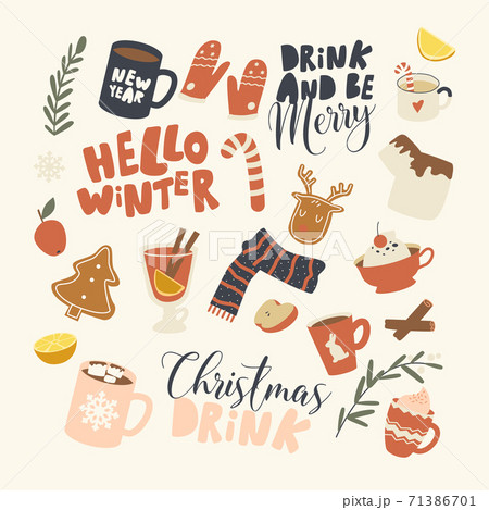 Set Icons Christmas Drinks Theme. Winter Hot Beverages Cups with Coffee, Tea or Cocoa, Knitted Scarf and Cinnamon Sticks Set Icons Christmas Drinks Theme. Winter Hot Beverages Cups with Coffee, Tea or Cocoa, Knitted Scarf and Cinnamon Sticks 71386701