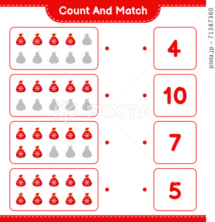 Count and match, count the number of Santa Claus Bag and match with right numbers. Educational children game, printable worksheet, vector illustration Count and match, count the number of Santa Claus Bag and match with right numbers. Educational children game, printable worksheet, vector illustration 71387360