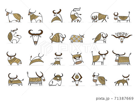 Funny sketch bull collection. Lunar horoscope sign. Happy new year 2021. Bull, ox, cow. Template for your design - poster, card, invitation 71387669