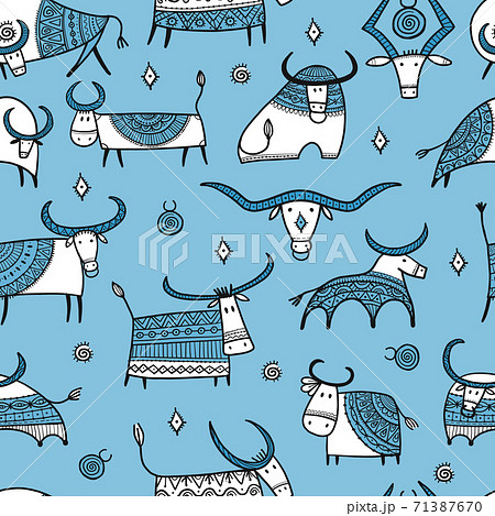 Funny bulls collection. Lunar horoscope sign. Happy new year 2021. Bull, ox, cow. Seamless pattern for your design 71387670