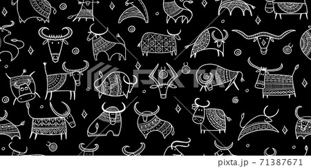 Funny bulls collection. Lunar horoscope sign. Happy new year 2021. Bull, ox, cow. Seamless pattern for your design 71387671