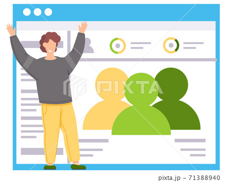People and society on the poster on the background. Smiling guy happily raises his hands up 71388940