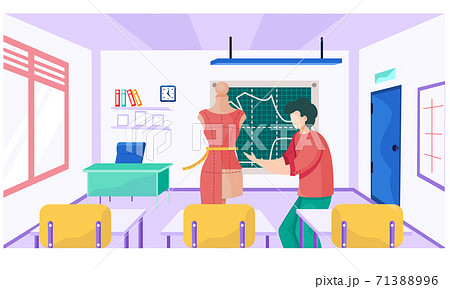 A teacher at a school for seamstresses explains new topic. Pattern lesson. Blackboard with drawing A teacher at a school for seamstresses explains new topic. Pattern lesson. Blackboard with drawing 71388996